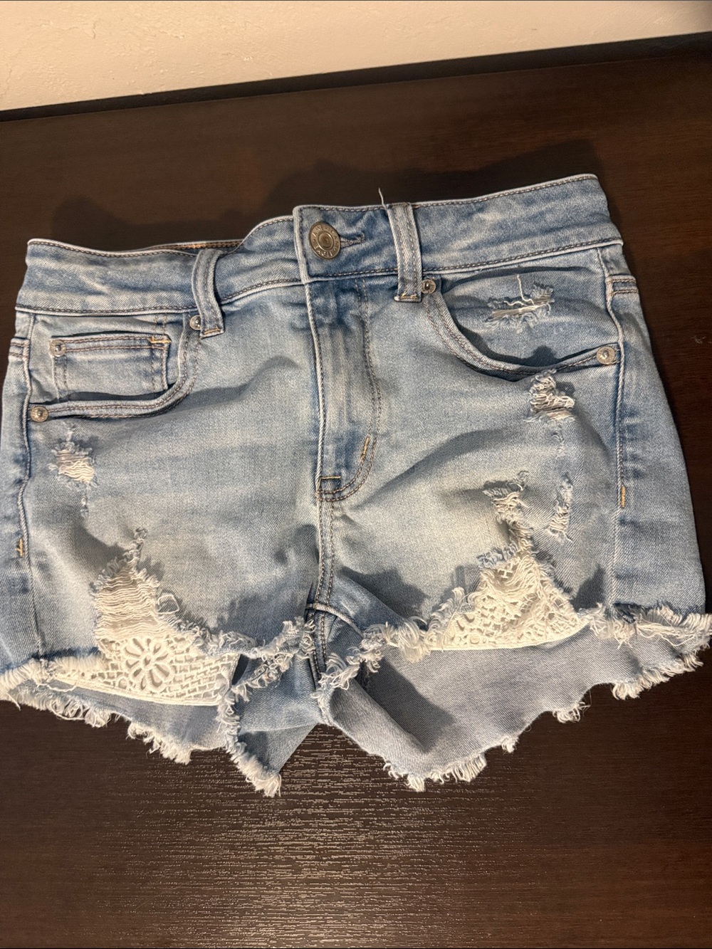 American Eagle Outfitters Light Blue Distressed Lace-Trim Denim Hi-Rise Shortie
